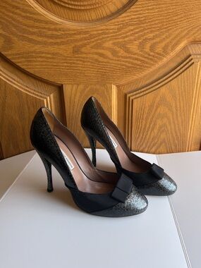 Tabitha Simmons Black Silver Glitter Bow Pumps Pointed Toe Stiletto Evening Heel